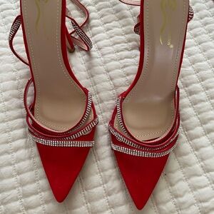 Red Pointy High Heels Shoes with Glitter Straps